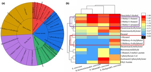 The diagram chart of main flavour substances produced by fermentation broth (a) and heat map of main volatile flavour substances (b). (a) shows the relationship between sensory flavour and compounds. The inner ring is the sensory flavour and the outer ring is the compound showing the corresponding flavour. The representative compounds of mellow flavour are in the purple box and the compounds of spice flavour are in the red box in (b).