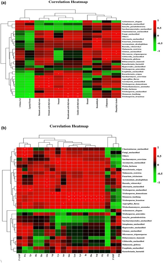 (a) Correlation analysis of microorganism and volatile flavour substances in sufu. * and ** in the figure represent statistical analysis of P < 0.05, P < 0.01. (b) Spearman correlation analysis of microorganisms and taste substances in sufu.