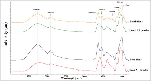 FTIR spectra of raw lentil () and bean () flours as well as dried powders of lentils () and beans () aquafaba.