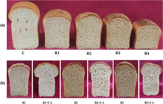 (a) Photographs of QFC enriched bread (b) Effect of additives of bread quality. CA, combination of additives; C, control wheat flour; B1, B2, B3 and B4, blends of 5%, 10%, 15%, 20%, respectively with QFC.