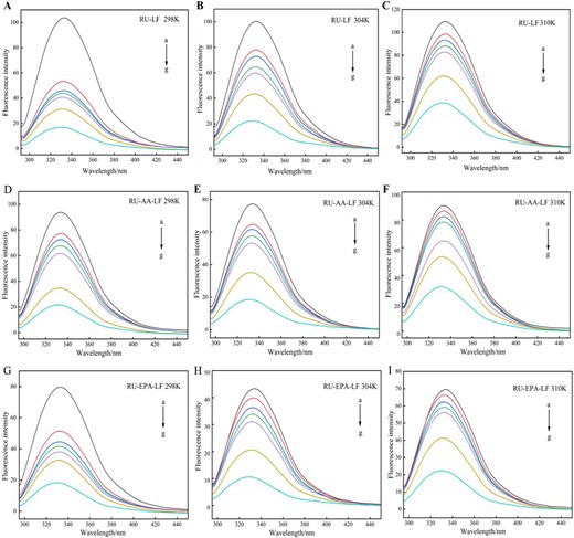 Fluorescence spectra of RU-LF at 298 K (A), 304 K (B), 310 K (C); fluorescence spectra of RU-AA-LF at 298 K (D), 304 K (E), and 310 K (F); fluorescence spectra of RU-EPA-LF at 298 K (G), 304 K (H), and 310 K (I). Note: Curves a–g corresponded to the rutin concentrations of 0, 0.409, 0.819, 1.228, 1.638, 4.095, and 8.190 × 10–5 mol/L that were added for analysis. AA = arachidonic acid; EPA = eicosapentaenoic acid; LF = lactoferrin; RU = rutin.