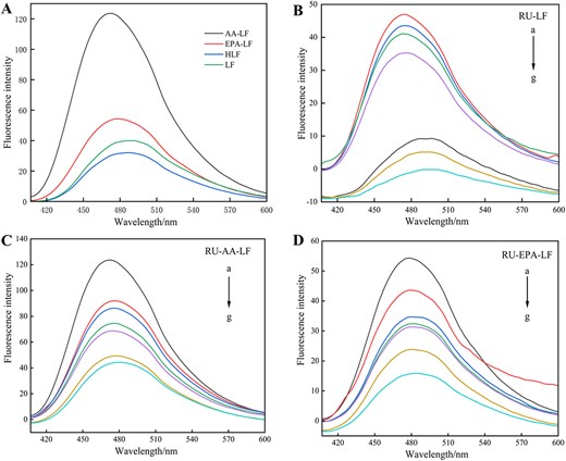 ANS fluorescence patterns of LF, HLF, AA-LF, and EPA-LF (A) and the effects of different concentrations of RU on the ANS fluorescence changes of LF (B), AA-LF (C), and EPA-LF (D). Note: Curves a–g corresponded to the rutin concentrations of 0, 0.409, 0.819, 1.228, 1.638, 4.095, and 8.190 × 10–5 mol/L that were added for analysis. AA = arachidonic acid; ANS = 8-Amino-1-naphthalenesulfonic acid; EPA = eicosapentaenoic acid; LF = lactoferrin; RU = rutin.