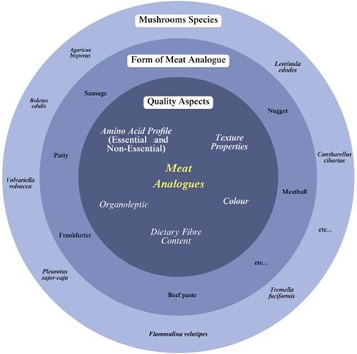 Overall framework for the influence of mushroom addition and/or substitution on physicochemical properties and sensorial quality of meat analogue products.