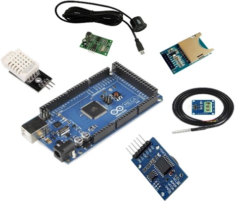 Components used for distance and temperature measurement and data logger.