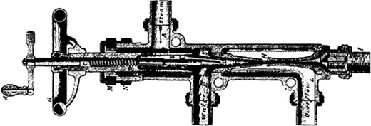 Henri Giffard’s ejector from 1864 with integrated spindle valve for control of motive flow rate (Kranakis, 1982).