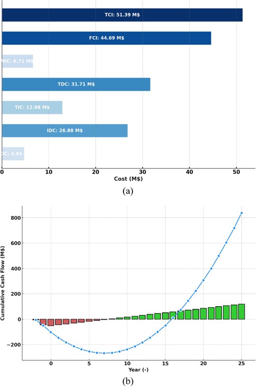 Cost distribution (a) and cumulative cash flow Analysis for the proposed plant (b).