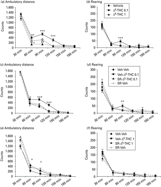 Effects of Δ9-tetrahydrocannabinol (Δ9-THC; 0, 0.1 and 1 mg/kg i.p.) on locomotor activity and effect of SR141716A (0.02 mg/kg) on Δ9-THC 0.1 mg/kg-induced hyperactivity and Δ9-THC 1 mg/kg-induced hypoactivity. Histograms represent the photocell disruptions caused by the animals’ ambulatory distance travelled (a, c, e) and rearing (b, d, f) (mean±s.e.m.). * Signifies a statistically significant effect compared to the vehicle (Veh) group: * p < 0.05, ** p < 0.01, *** p < 0.001. + Signifies a statistically significant effect compared to the Veh – Δ9-THC 0.1 mg/kg group (c, d) and the Veh – Δ9-THC 1 mg/kg group (e, f): + p < 0.05, ++ p < 0.01, +++ p < 0.001. The dose of 0.1 mg/kg increased, whereas the dose of 1 mg/kg decreased spontaneous motor activity. These effects were reversed by pre-treatment with SR141716A.