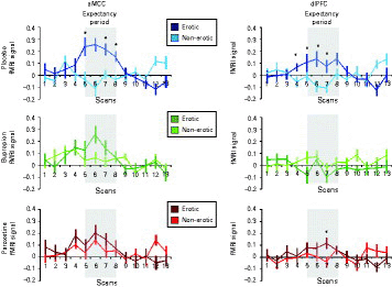 Extracted signal time-courses (vertical bars, s.e.m.) within the anterior midcingulate cortex (aMCC) and right-sided dorsolateral prefrontal cortex (dlPFC). The time-courses were averaged event-related to depict the functional magnetic resonance (MR) imaging-signal related to the anticipation of erotic and non-erotic pictures in the placebo, bupropion and paroxetine sessions. Expectancy periods began at the scan time-point 1 in with a variable length of 3–5 s (equally 2–3.33 scans, TR = 1.5 s). Grey shades indicate the period when the MR-signal related to an exemplary expectation period with a duration of 3 s is expected to occur, assuming a delay of the haemodynamic response of 6 s (4 TRs). Time-courses right of the grey shades contribute to the stimulus presentation period. The mean-corrected first eigenvariate values were extracted from the aMCC and dlPFC for each subject for verum and placebo. The aMCC cluster was extracted at a statistical threshold of p < 0.005, uncorrected for demonstrational purposes. Since the dlPFC-cluster showed a broad extension into the anterior prefrontal region at this statistical threshold, dlPFC-signal time-courses were extracted at a more conservative threshold of p < 0.05, false discovery rate-corrected to allow reasonable comparisons. * Indicates significant differences of differential blood-oxygen level dependent signals (erotic vs. non-erotic) in paired t tests (p < 0.05) for demonstrational purposes.