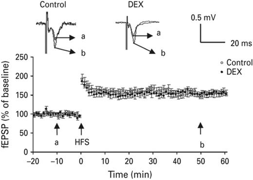 Amygdaloid LTP magnitude of neonatal DEX treated animals returned to normal range after treated with subthreshold dose of PD98059. Typical traces were displayed in the upper panel, a & b represent 10 min before induction and 60 min after induction, respectively. Each vertical bar represents the Mean±s.e.m.