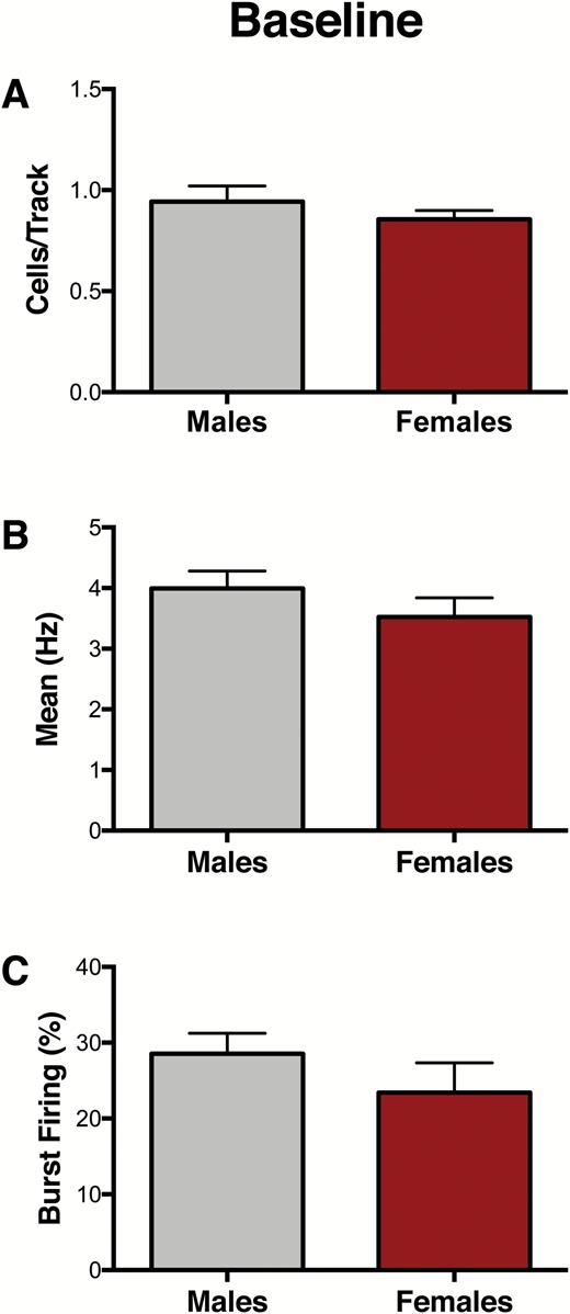 Baseline ventral tegmental area (VTA) activity is similar in male and female rats. (A-C). At baseline, no significant differences between males (n=7) and females (n=7) were observed for (A) VTA population activity (P= .35), (B) firing rate (P= .42), or (C) percent of spikes firing in burst (P= .06). Error bars represent mean ± SEM. Gray bars represent males; red bars represent females.