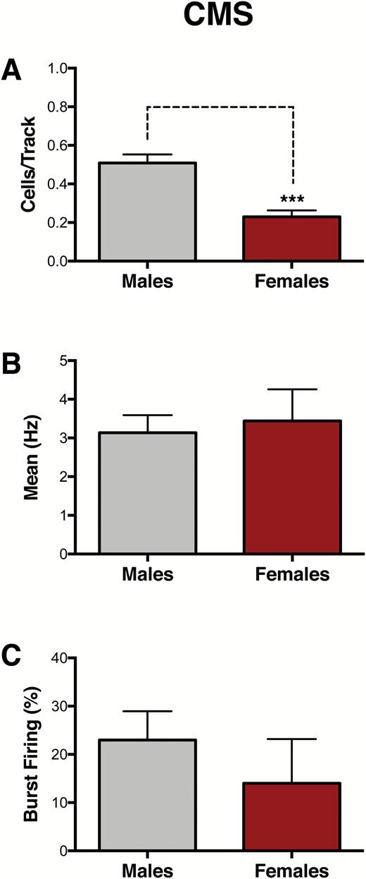 Greater effects of chronic mild stress (CMS) on ventral tegmental area (VTA) population activity in females. A separate cohort of animals was exposed to 4 weeks of CMS to compare CMS effects between sexes. (A) Female rats exhibited reduced population activity compared with male rats (n = 6/group, P< .001). No differences were found in (B) firing rate (P= .73) or (C) bursting activity (P= .17). Error bars represent mean ± SEM. Gray bars represent males; red bars represent females. ***P< .001.