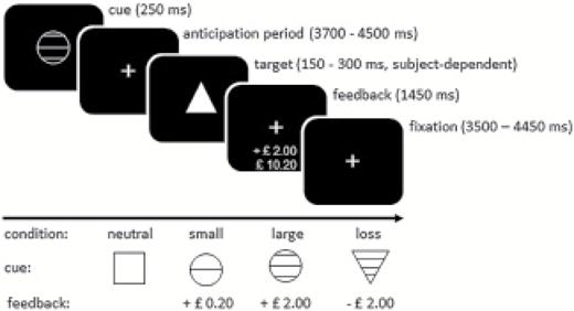 Reward paradigm. Each trial started with the presentation of a cue signalling a neutral, reward (small or large) or loss avoidance trial. After the cue, a target was presented to which subjects had to respond as fast as possible by pressing a button. At the end of each trial, visual feedback on performance was provided. The time between cue and target (anticipation phase) was varied between trials (3700–4500 ms). The inter-trial interval was 10 s for all trials.