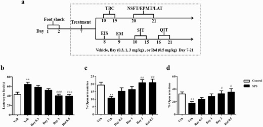 The experimental schedule of single-prolonged stress (SPS) model to mimic post-traumatic stress disorder (PTSD)-like syndrome. Treatment schedule and test order for mice (A). The effects of Bay 60-7550 (Bay) on the latency to feed time (B) in the novelty suppressed feeding test (NSFT) and the percentages of open arm entries (C) and time spent in the open arms entries (D) in the elevated plus maze test (EPMT). Bay and rolipram (Rol) were injected (i.p.) through the whole experiment for 14 days. EIS, ethanol-induced sedation test; EM, ethanol metabolism test; LAT, locomotor activity test; QIT, quinine intake experiment; SAC, sacrifice; SIT, sucrose intake experiment; TBC, 2-bottle choice test. Values are the mean ± SEM. **P < .01 vs. vehicle-treated control group; #P < .05, ##P < .01, and ###P < .001 vs. vehicle-treated SPS group.