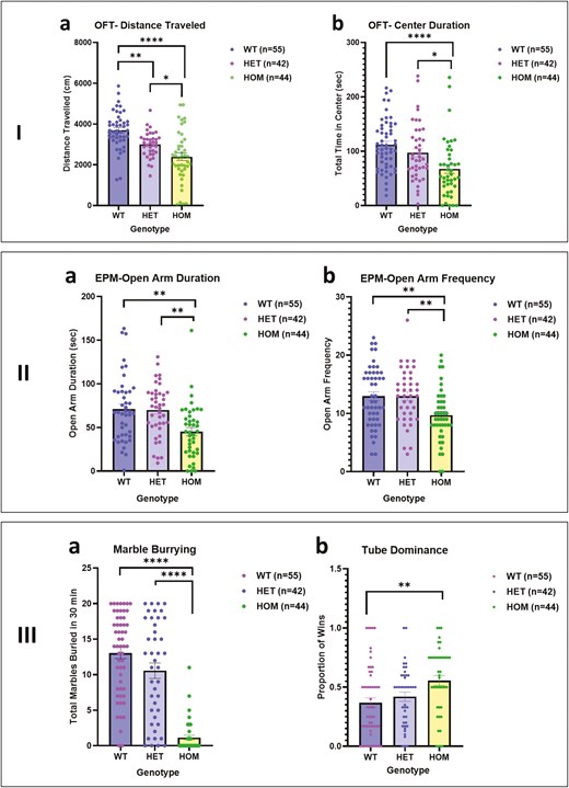 The figure displays results from several behavioral tests across three genotypes: WT, HET, and HOM. Panel I-a shows the distance travelled in the open field test (OFT), while Panel I-b shows the time spent in the centre of the OFT. Panel II-a and II-b depict open arm duration and frequency in the elevated plus maze (EPM). Panel III-a presents the number of marbles buried in the marble burying test, and Panel III-b shows the proportion of wins in a tube dominance test. Each panel includes bar graphs with standard errors of the mean.