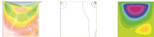 First realization of (a) the velocity $\{ \textbf {u}^N_h\}_n$, (b) the pressure $\{p^N_h\}_n$ and (c) the streamline of $\{ \textbf {u}^N_h\}_n$.
