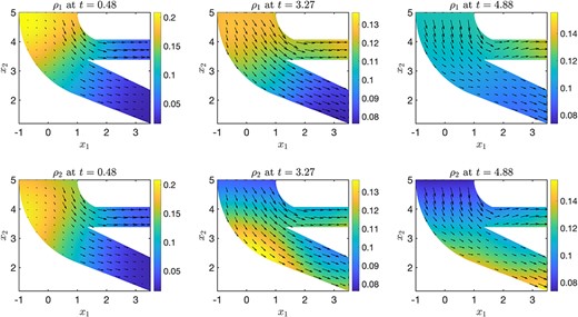 Optimal states $\rho _{1}$ and $\rho _{2}$ with superimposed control $\vec w$.