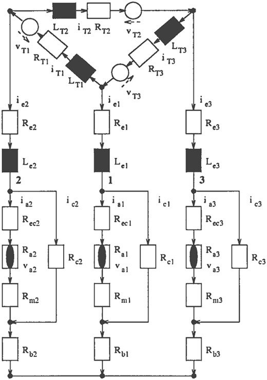 Equivalent circuit diagram for the three-phase electrical system in the furnace, reproduced with permission from Valderhaug (1992). Resistive and inductive circuit elements are shown as white and black rectangles, respectively. The white circles denote applied voltages, and the arcs (non-linear resistors) are shown by a black ellipse within a white rectangle.