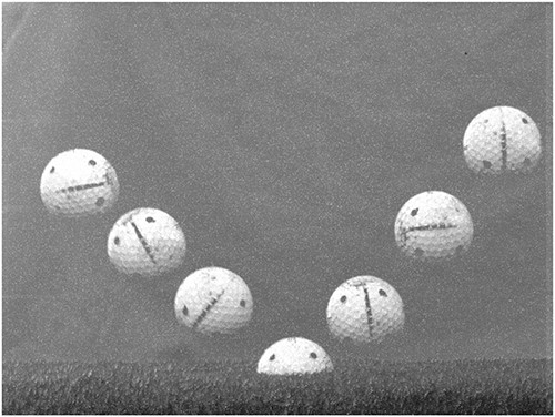 A combination of frames from a recorded high-speed video of a ball bounce (from left to right). Frames have been selected in irregular time steps for ease of view.