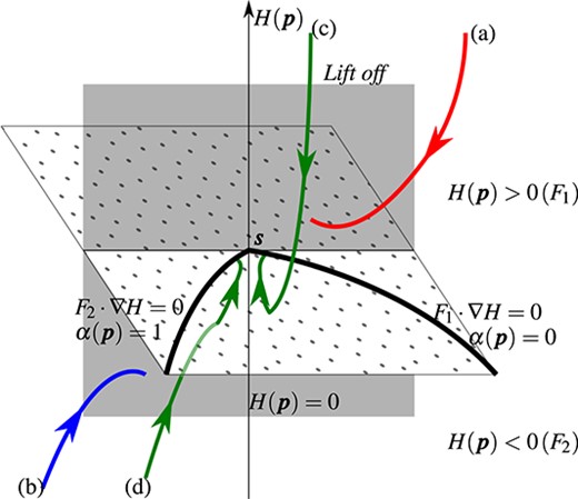 Possible trajectories during the generic viscoelastic bounce (in reduced geometry). The grey plane represents the lift-off condition, the dotted plane is the codimension-one discontinuity and the solid black curves represent surfaces where $F_1 \cdot \nabla = 0$ and $F_2\cdot \nabla H = 0$, which corresponds to the surfaces where a trajectory leaves the surface of discontinuity and enters either $F_1$ or $F_2$, respectively. Point $\boldsymbol{s}$ is an intersection of the two switching surfaces (known as a two-fold bifurcation point (Jeffrey, 2017)) and lies on the lift off plane as well. Red trajectory (a): The ball goes through the bounce with positive slip only ($H(\boldsymbol{p})>0$). The bounce is terminated by the intersection with the grey plane, which represents the lift-off condition. Blue trajectory (b): The ball goes through the bounce with negative slip only ($H(\boldsymbol{p})<0$). The bounce is terminated by the intersection with the grey plane, which represents the lift-off condition. Green trajectories (c–d): The ball enters the bounce with positive or negative slip, respectively, and eventually reaches the system discontinuity by entering roll ($H(\boldsymbol{p}) =0$). The bounce dynamics continue along the surface of discontinuity and are to be determined in the next sections.
