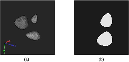 (a) Computational 3D phantom of size $128 \times 128 \times 128$: three $L^{p}$ -balls, where $p=1.5$, with constant inclusion values (0.6, 0.8, and 1) in a 0-valued background. (b) Modified slice of the 3D phantom, where inclusions are vertically close together, making it particularly challenging for limited-angle tomography reconstruction.