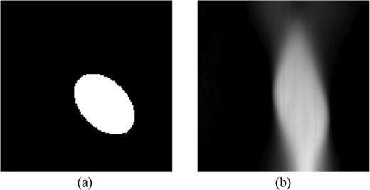 (a) Elliptical computational phantom with constant attenuation and zero background. (b) PDFP reconstruction with complex wavelet regularization from 50 X-ray projection images over a 40-degree opening angle. The central direction of projection is vertical. Note the vertical elongation or stretching of the ellipse in the reconstruction. This is a typical artefact in limited-angle tomography.
