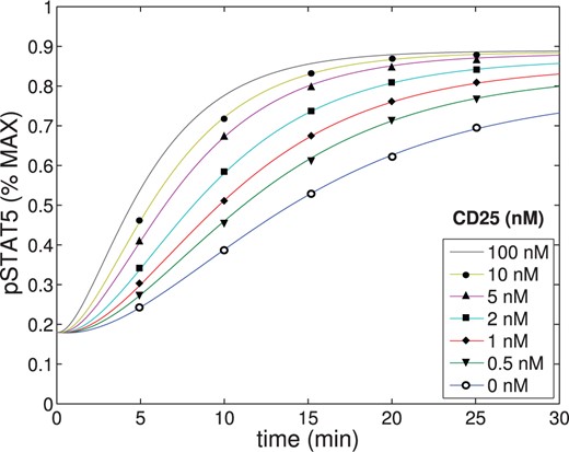 The concentration of pSTAT5 was plotted as a function of time for varying concentrations of IL-2R$\alpha$. The parameters shown in Tables A1–A4 were used.