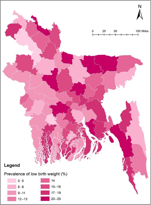 Graphical distribution of the prevalence of low birth weight across the 64 administrative districts in Bangladesh.