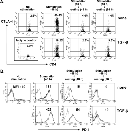 Upregulation of CTLA-4 and PD-1 on CD4+ T cells by TGF-β at different phases. LN cells were stimulated in the presence or absence of 5 ng/ml TGF-β for 48 h and rested for 48 h or 96 h. At each time point indicated, the cells were harvested and stained with anti-CD4–FITC and anti-CTLA-4–PE (A) or biotinylated anti-PD-1 plus Streptavidin–PE (B). CD4+ T cells were gated. The number represents the percentage of CD4+CTLA-4+ cells (A). Histogram profiles of PD-1 expression on the CD4+ T cells are displayed as black lines (gray lines, stained with isotype-matched control antibody; MFI, mean fluorescence intensity). A representative result of two (A) and three (B) independent experiments is shown.