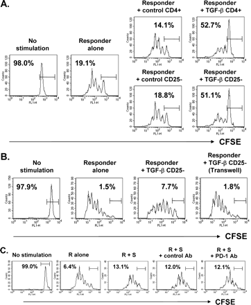 Suppression of responder cell proliferation by TGF-β-converted Tr cells. Purified CD4+ or CD4+CD25− T cells from C57BL/6 mice were stimulated in the presence (TGF-β CD4+ or TGF-β CD25−) or absence (control CD4+ or control CD25−) of 5 ng/ml TGF-β for 48 h and rested for 48 h. (A) After extensive washing, 1.0 × 105 cells were mixed with 1.0 × 106 CFSE-labeled LN cells from C57BL/6 mice and stimulated with immobilized anti-CD3 and soluble anti-CD28 antibodies. (B) CFSE-labeled LN cells were stimulated with soluble anti-CD3 antibody and mitomycin-C-treated splenocytes in the lower chamber of a transwell plate in the presence or absence of 5.0 × 105 TGF-β CD25− cells in the same or in the upper chamber. TGF-β CD25− cells placed in the upper chamber were also stimulated as the same as the lower chamber. (C) TGF-β-experienced CD4+CD25− T cells and CFSE-labeled responder cells were costimulated in the presence or absence of 10 μg/ml anti-PD-1 antibody or control IgG. The fluorescence intensity of live CFSE+ cells after 72 h of culture is displayed as a histogram. The percentages in the figure represent undivided CFSEhigh cells. These figures show a representative result of three independent experiments.