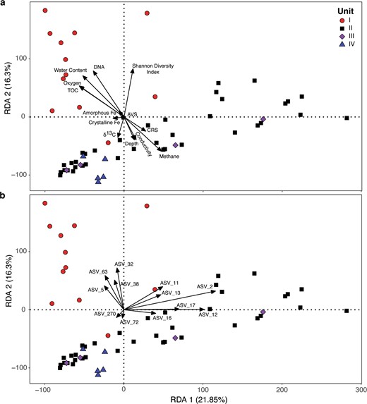 The first two dimensions of the ordination plot are shown for (a) environmental parameters and (b) ASVs that are explanatory variables of community structure (black arrows). The classification of ASVs is shown in Fig. 3 with the exception of ASV_270, which had a relative abundance of 0.15% of total sequences and classifies within the genus Pseudomonas. The two axes in the RDA model explain 38.15% of the cumulative variance in the community composition. Based on a permutation test of total variance for environmental variables and community composition (p value ≤0.001; ANOVA, 999 permutations), the dispersion of unit I in ordination space is significantly different from units II–IV.
