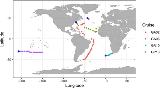 Blue dots indicate the start of cruise tracks.