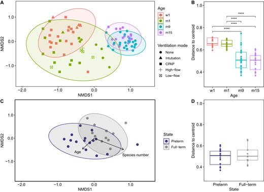 A Investigation of longitudinal samples from the preterm cohort by applying two-dimensional non-metric multidimensional scaling to Bray–Curtis dissimilarity indices (stress = 0.18). Oropharyngeal swabs taken at the neonatal ICU are represented by red (w1) and green (m1) color. Samples collected at the outpatient clinic are depicted in blue (m9) and purple (m15). The shape of data points represents the ventilation mode. B Multivariate homogeneity of group variances differentiated by patients’ age revealed significant differences (p value < 0.0001, epsilon-squared effect size = 0.58, ci = 0.42–0.72). C NMDS based on Bray–Curtis dissimilarity index matrices (stress = 0.15) to compare the oropharyngeal metagenome of m15 preterm samples (blue, n = 17, 422–503 days of age) and age-matched healthy full-term controls (gray, n = 11, aged 269–398 days). D No significant differences were detected by Wilcoxon rank sum in multivariate homogeneity of preterm and term group variances. Note: Boxplots with medians are shown, the lower and upper boundary define the first and third quartiles (25th and 75th percentile, IQR). Whiskers extend to the largest and smallest non-outlier data points (1.5x IQR).