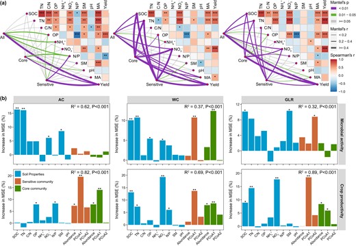 a Mantel test examining the relationship between soil properties, microbial activity, crop productivity and the compositions of all, core and fertilization-sensitive communities (PCoA1 and PCoA2, first and second axis of principal coordinates analysis) in each cropping system. b Random forest showing the relative importance of soil properties, compositions of core and fertilization-sensitive communities (PCoA1 and PCoA2) in predicting the microbial activity and crop productivity. The predictor importance is reported by the percentage increase in mean square error (MSE). Legend: AC continuous alfalfa system, WC continuous wheat system, GLR grain-legume rotation system, SOC soil organic carbon, TN total nitrogen, C/N ratio of carbon to nitrogen, OP available phosphorus, NH4+ ammonium, NO3− nitrate, N/P ratio of mineral nitrogen to available phosphorus, SM soil moisture, pH soil pH (H2O), Abundance cumulative relative abundance core or sensitive taxa, PCoA1 and PCoA2 first and second axis of principal coordinates analysis based on core or fertilization-sensitive community.