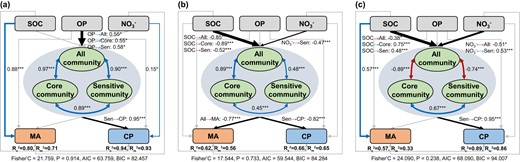 Direct and indirect drivers of soil microbial activity and crop productivity in the AC (a), WC (b) and GLR (c) systems. The piecewise structural equation model assessing the direct and indirect effects of soil properties and bacterial community composition (first axis of principal coordinates analysis) on soil microbial activity and crop productivity in three cropping systems. Numbers adjacent to arrows show the standardized path coefficients. The conditional R2 (Rc2) denotes the variance explained by both fixed and random effects of ‘sampling plot’, whereas the marginal R2 (Rm2) denotes the variance explained by fixed effects. Blue and red arrows represented the significant positive paths and negative paths, respectively. Legend: SOC soil organic carbon, OP available phosphorus, NO3−, nitrate; MA microbial activity, CP crop productivity. Asterisks denote significant paths. *p < 0.05, **p < 0.01, and ***p < 0.001.