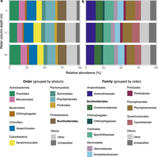 a Order composition of taxa accounting for >2% of reads from 0.02 µm Anotop filters, with Burkholderiales (to which Polaromonas belong) in bold. b Family composition of taxa accounting for >2% of reads, with Comamonadaceae (to which Polaromonas) in bold.