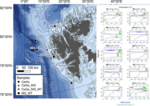 Map legend: Carbs = samples collected for carbohydrate analysis on particulate organic matter fraction, MG = sampled for metagenomics, MT = sampled for metatranscriptomics. Vertical profiles of temperature, salinity and fluorescence were derived from sensor measurements during CTD casts. The purple horizontal lines on each profile represent the bottom mixed layer (BML) sampling depth.