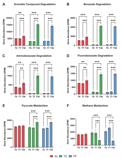Normalized gene abundance (GPM; mean ± SD) of KEGG Tier IV metabolism pathways related to organic carbon degradation including (A) aromatic compound degradation, (B) benzoate degradation, (C) aminobenzoate degradation, (D) fluorobenzoate degradation, (E) pyruvate metabolism, and (F) methane metabolism derived from the active-layer, transition-zone, and permafrost metagenomes. Significant differences were determined between incubation time points within each soil layer microbiome (ANOVA; ***p < 0.001, **p < 0.01, *p < 0.05).