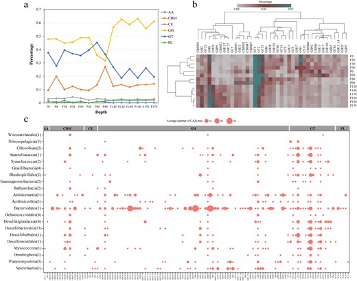 a Distribution of CAZymes across different water depths in the YBH. AA auxiliary activity, CBM carbohydrate-binding module, CE carbohydrate esterase, GH glycoside hydrolase, GT glycosyltransferase, PL polysaccharide lyase. b The clustering of CAZymes famillies within different depth.