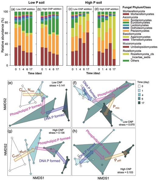 Changes in fungal community composition are indicated by shifts in relative abundance of the top 10 bacterial classes affiliating to 5 phyla (a–d). Simplified non-metric multidimensional scaling (NMDS) plots derived from sequence data at OTU level (e–h). There are three replicates in the day 0, and four replicates in other sampling days. Areas marked by different colors in NMDS plots separate the community composition before and after CNP additions, and arrows show most important processes of microbial biomass, phospholipids P and DNA P formation (canonical correspondence analysis, p < 0.05).
