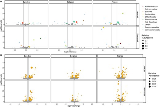 (A) Differentially abundant phyla between the two sampling time points (left: 2021, right: 2022). Phyla that are significantly different abundant (BH adjusted P < .05) and a log2 fold change >0.58 or < 0.58 are represented by colored points, while phyla below the threshold are gray and labeled as “Not_Significant”. The group “others” represent phyla with a relative abundance below “1%”. The point size corresponds to the mean relative abundance. (B) Differential abundant genera between the two sampling time points (left: 2021, right: 2022). Genera that are significantly different abundant (BH adjusted P < .05) and a log2 fold change >0.58 or < 0.58 are represented by orange points, while genera below the threshold are gray. The point size corresponds to the mean relative abundance.