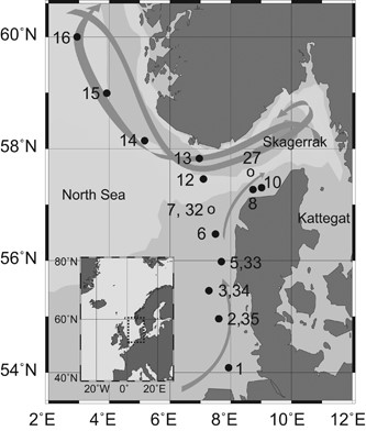 Sampling stations in the North Sea. Inset shows the respective North Atlantic area with the study area marked by a dashed rectangle. Circles denote sampling stations, filled circles indicate stations where RNA/DNA-based pyrosequencing data are available for surface samples and arrows indicate approximate directions of the main currents after Turrell (1992). Map created with Ocean Data View (R Schlitzer, http://odv.awi.de).