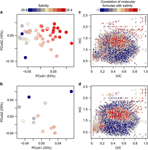 PCoA based on Bray–Curtis dissimilarity of DOM molecular composition. Score plots (a) for all 45 samples and (b) for the reduced data set containing 12 samples, sites are color-coded by salinity. Van Krevelen plots show the correlations of molecular formulae (relative intensities) with salinity computed (c) from all 45 samples and (d) the reduced data set.