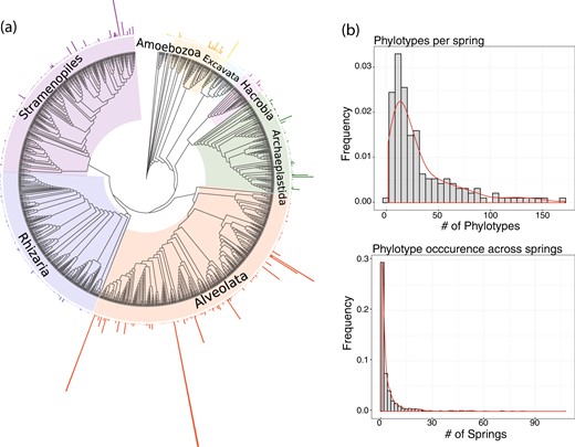 New Zealand geothermal springs harbor diverse protists. a Phylogenetic tree of the 1088 protist phylotypes recovered across 160 geothermal springs. The tree is a conservative estimate of diversity as it only includes phylotypes present (>10 reads) in a given sample. The outer ring bars are scaled to show the relative abundance of each phylotype. Ring and clade color indicate taxonomic group. For a few taxa, clade membership did not reflect taxonomic assignment and no corrections were made. b Most spring communities are dominated by a few phylotypes and individual protist phylotypes are rarely found in more than a few springs. (Top) The number of phylotypes found in each spring. (Bottom) The number of springs in which each phylotype occurred