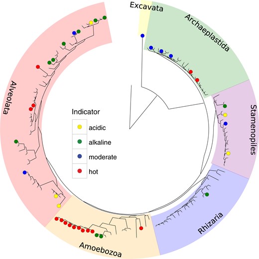 Phylogenetic distribution of the protist phylotypes sensitive to temperature and pH across springs. Clade markers signify type for each taxon: red is hot, blue is cold, yellow is acidic, and green is alkaline