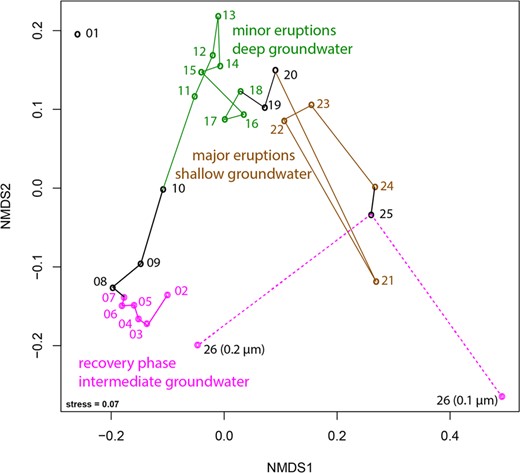 Nonmetric multidimensional scaling based on the Bray–Curtis index. The connections show the trajectory of the different samples taken throughout the eruption cycle. Sample 01 was not included as it was an amplified library due to low biomass (see “Material and methods” for further details). Sample 26 was collected after the end of the major eruptions and is already part of the recovery phase (thus colored in pink). Black color indicates samples that were collected during transition between phases. Please note, that the sample was also size-fractioned into a 0.2-µm and a 0.1-µm filter. For details on individual rpS3 abundances please see Fig. S5 and Table S5.