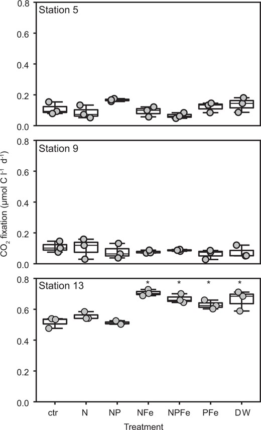 CO2 fixation rates from nutrient addition experiments on samples amended with single or combinations of nutrients, where: ctr (control without any addition), N (addition of NH4+ and NO3−), P (addition of PO43−), dFe (dissolved Fe), and deep water (DW; obtained from 2500 m water depth). Treatments were compared using one-way ANOVA and a Tukey multiple pairwise comparison test; means that are significantly different from the control are labeled with an asterisk (p < 0.05).