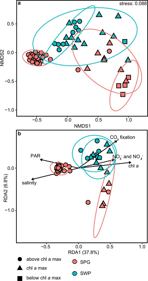 a Nonmetric multidimensional scaling (NMDS) plot showing Bray–Curtis dissimilarity in community composition. b Redundancy analysis (RDA) of the community composition and environmental variables measured at the sampling Station. Each shape represents an individual sample and the communities are coded according to the legend.