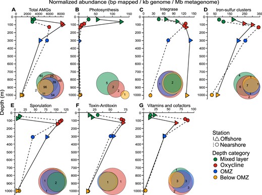 All detected viral AMGs (A) and selected AMG categories (B–G) are displayed. Euler diagram insets represent the number of PFAMs unique and shared by depth category.