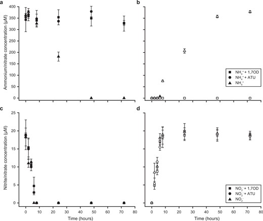 a Ammonium consumption and b nitrate production in the presence of 350 μM NH4+ with and without the addition of 100 μΜ 1,7OD or ATU. c Nitrite consumption and d nitrate production in the presence of 20 μM NO2- with and without the addition of 100 μΜ 1,7OD or ATU. Concentrations of the substrates ammonium (a) and nitrite (c) are indicated by solid, produced nitrate (b, d) by open symbols. Data points represent the mean of technical triplicates, error bars the standard deviations between three biological replicates.