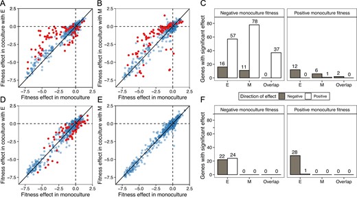 The mean fitness effect of each gene knockout in monoculture vs. co-culture with E. coli (A, D) or M. extorquens (B, E). The top row shows mutualistic co-cultures while the bottom row shows competitive co-cultures. Each point represents the mean fitness of one gene knockout across 5 replicates. Red dots indicate the co-culture fitness value differed significantly from the monoculture fitness value. C, F The number of genes with significant changes in fitness, categorized by their fitness effects in monoculture: negative (left facet) and positive (right facet). Gray bars indicate genes that exhibited significantly lower fitness in co-culture (with either E or M) compared to monoculture. In contrast, white bars denote genes that showed significantly higher fitness in co-culture. The overlap bars represent genes that experienced consistent directional changes in fitness in the presence of either E or M.